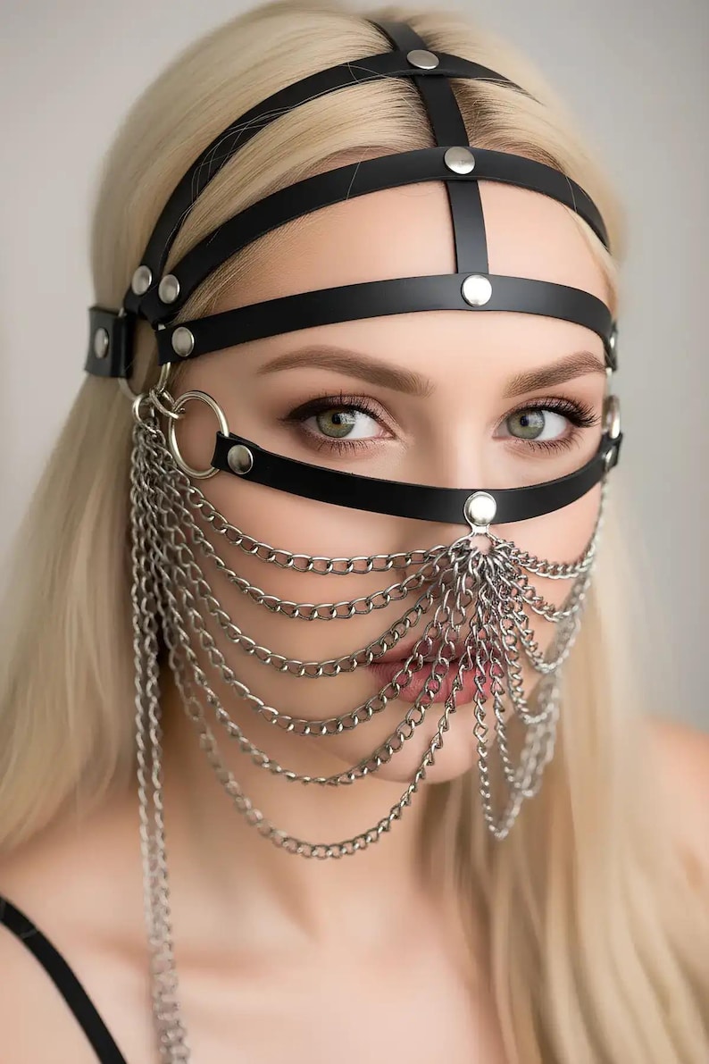Women’s Chain Detailed Vegan Leather Face Mask – Gothic Fashion Headpiece & Photoshoot Accessory image 3