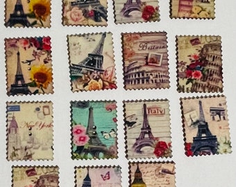 Lot of 15 Postage Stamp Buttons Vintage Travel Scrapbooking Journalling Card Making