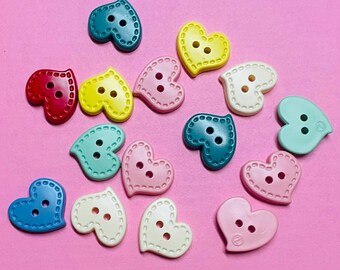 Gorgeous Colourful Love Heart Lot of 10 Buttons Multi Coloured with stitch pattern - Cute Buttons Button Art Junk Journalling Craft Supples