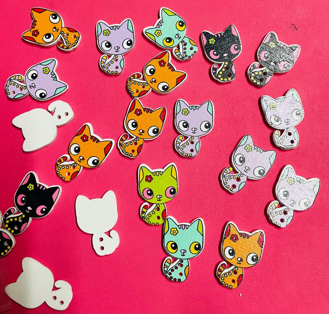 Adorable Cat Kitten Flat Back Buttons Bright Colourful Buttons - Lot of ...