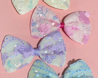 Lot de 3 noeuds rembourrés mignons - rose bleu crème violet - sequins fleurs - création de costumes et créations DIY