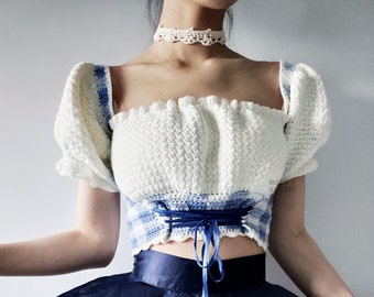 Gwyneth Top & Choker | In-Depth PDF Crochet Pattern With Pictures | Advanced Beginner | Made-to-Measure | Cottagecore Gingham Puffy Sleeves