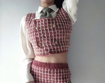 Corinne Set (Vest & Skirt) | In-Depth PDF Crochet Pattern With Pictures | Intermediate | Made-to-Measure | Double Breasted Grid Pattern