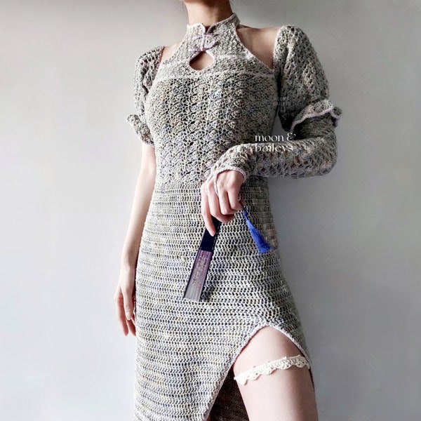 Maevis Cheongsam (Top / Dress & Gloves) | In-Depth PDF Crochet Pattern With Pictures | Intermediate | Made-to-Measure | High Neck Slit Dress