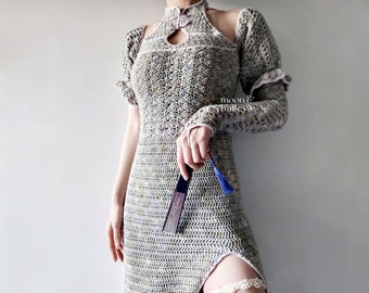 Maevis Cheongsam (Top / Dress & Gloves) | In-Depth PDF Crochet Pattern With Pictures | Intermediate | Made-to-Measure | High Neck Slit Dress