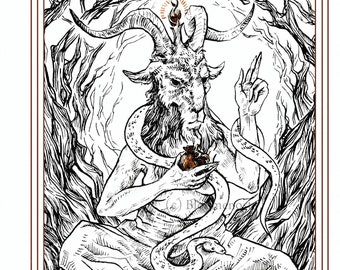 Art Tarot card print "XV. The Devil" - ink Illustration in black and white, Medieval Etching Style, The Devil Tarot Card poster