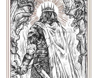 Art print "KING OF SWORDS" - ink Illustration in black and white, Medieval Etching Style, King of Swords Tarot Card poster