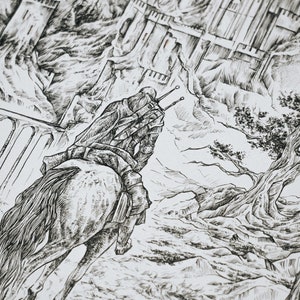 May include: A black and white pen and ink drawing of a lone rider on horseback approaching a large, detailed castle in the distance. The rider is wearing a hooded cloak and holding a sword. The castle is surrounded by a rocky landscape with a large tree in the foreground.