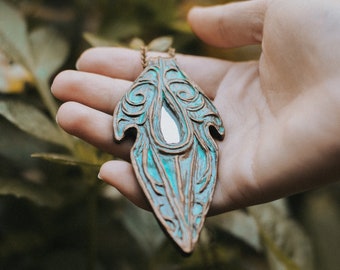 OOAK mirror pendant "Elven Shield" - fantasy handmade clay jewelry, Fairycore