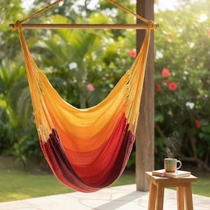 Warm-Toned Macrame Hammock Chair • Boho Hanging Swing Seat • Handmade in Uganda • Indoor Outdoor Woven Hammock • Portable & Strong Chair