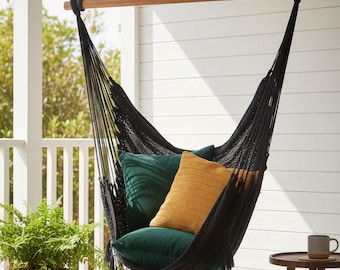 Black Waterproof Hammock Chair with Tassels • Lightweight 1.8 lb Hanging Chair • Indoor Outdoor Swing Seat • Boho Decor • Handmade in Uganda