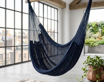 Navy Blue Hammock Chair • Hanging Chair • Indoor Outdoor Swing Chair • Handwoven Boho Patio Chair • Reading Chair • Handmade in Uganda