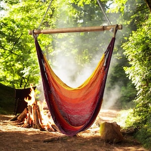 Warm-Toned Macrame Hammock Chair • Boho Hanging Swing Seat • Handmade in Uganda • Indoor Outdoor Woven Hammock • Portable & Strong Chair