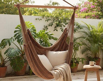 Handmade Brown Hammock Chair – Cozy Indoor Outdoor Hanging Chair for Porch, Patio & Living Room | Fair Trade | 500lb Capacity | Handwoven