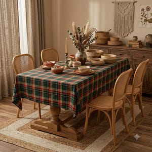 May include: A rectangular dining table covered with a green, red, and yellow plaid tablecloth. The table is set with several ceramic bowls, plates, and a tall candle holder. Four light-coloured wooden chairs with woven cane backs surround the table.