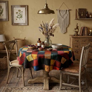 Könnte beinhalten: Ein runder Tisch mit einer Tischdecke, die ein buntes Patchwork-Muster aus roten, gelben, blauen und schwarzen Quadraten mit rissiger Textur aufweist. Auf dem Tisch stehen drei kleine Holzschalen und zwei braune Glasflaschen.