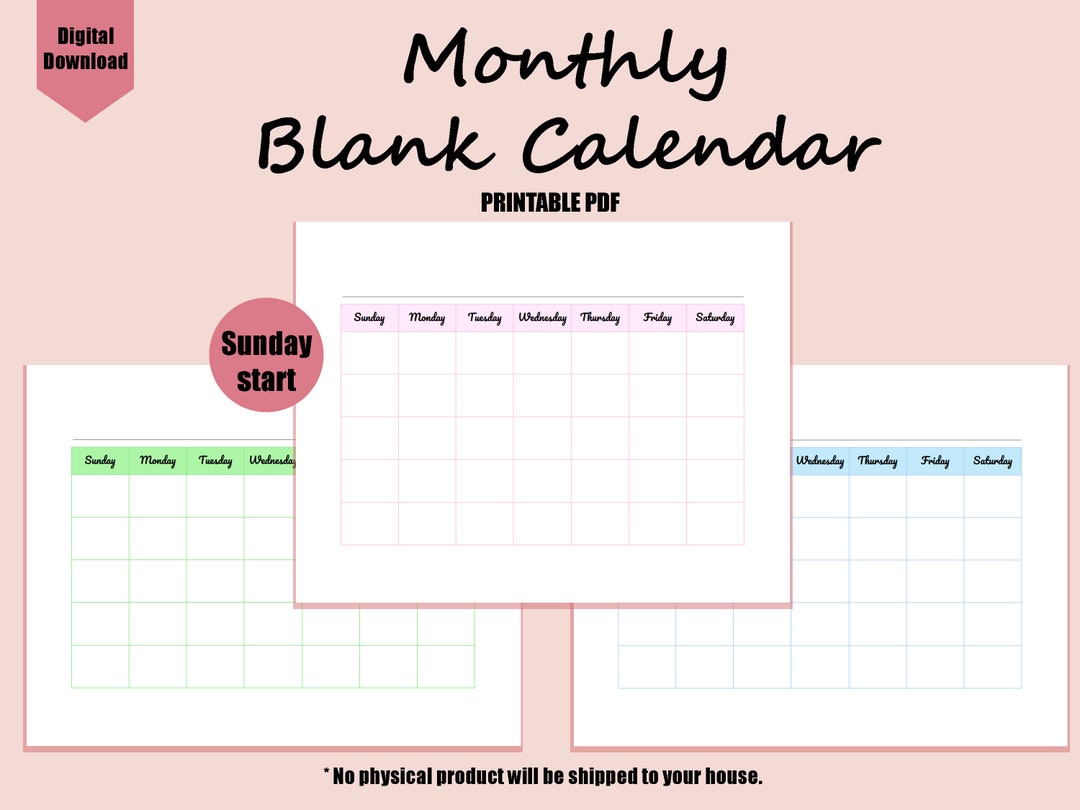 Blank Monthly Calendar PDF Printable, Instant Download, Minimalist ...