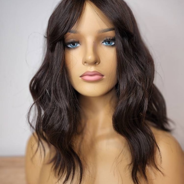 SPRESSY MART 14" Premium Heat-resistant Fibre Wig. Dark brunette brown wavy. Fits Small to large adjustable cap. Soft & Natural