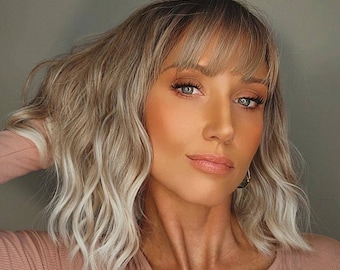 SHUT UP & DANCE 14” Premium Heat-resistant Fibre Wig. Bob w Bangs. Ombre Ash Blonde w Platinum Tips. Wavy. Sm-Lge Adjustable cap