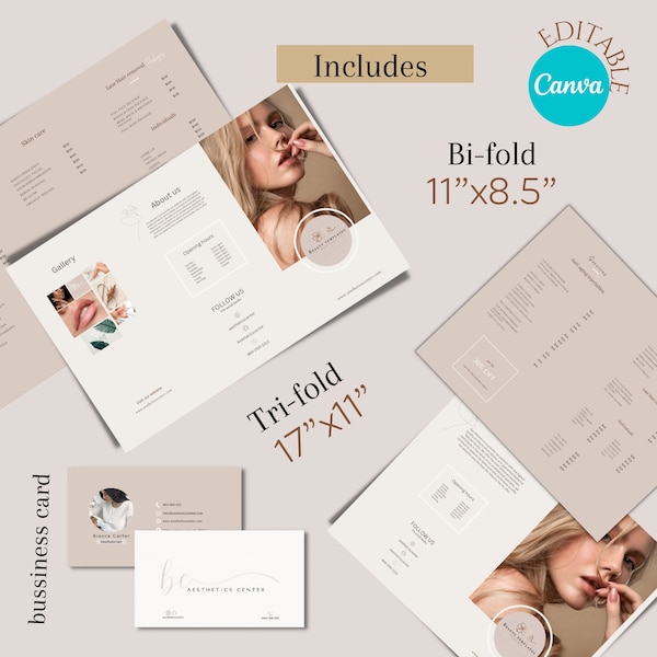 Spa/beauty Trifold brochure , Bi fold brochure. Aeshtetician , Esthetician price brochure . Bussiness brochure edit in canva