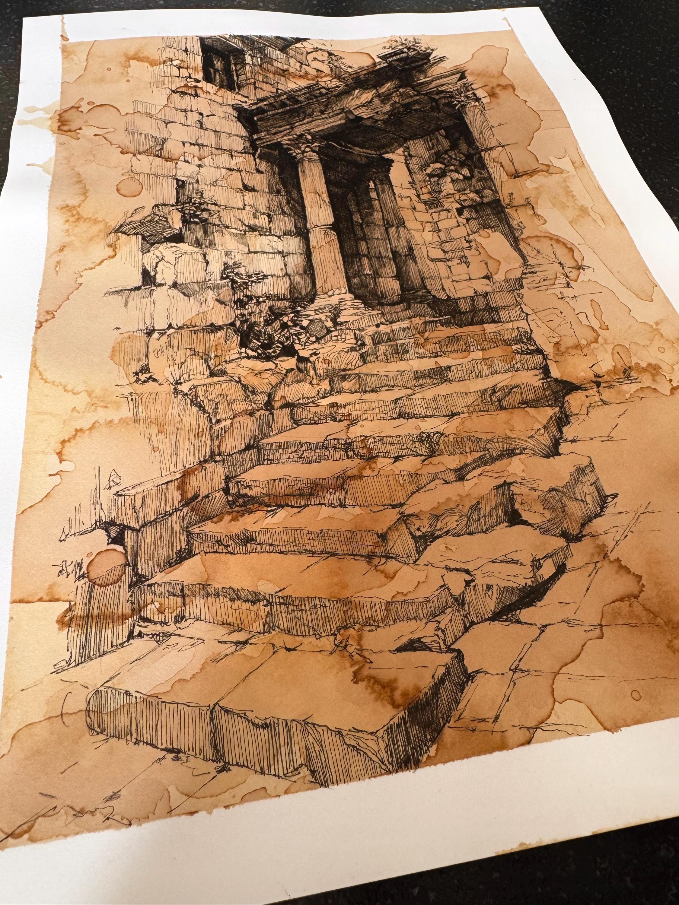 Pen and Ink Architecture Drawing on Vintage Coffee-dyed Paper - Etsy