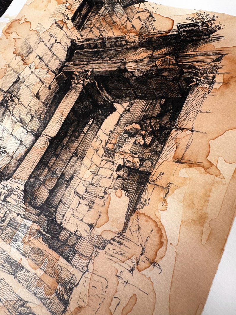 Pen and Ink Architecture Drawing on Vintage Coffee-dyed Paper - Etsy