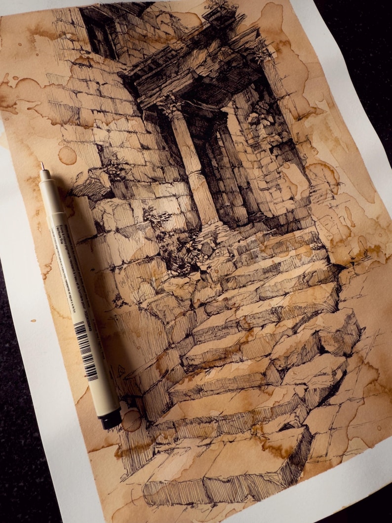Pen and Ink Architecture Drawing on Vintage Coffee-dyed Paper - Etsy