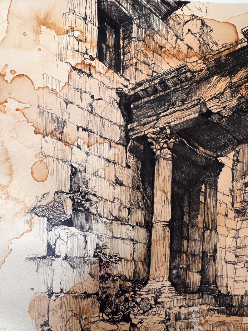 Pen and Ink Architecture Drawing on Vintage Coffee-dyed Paper - Etsy