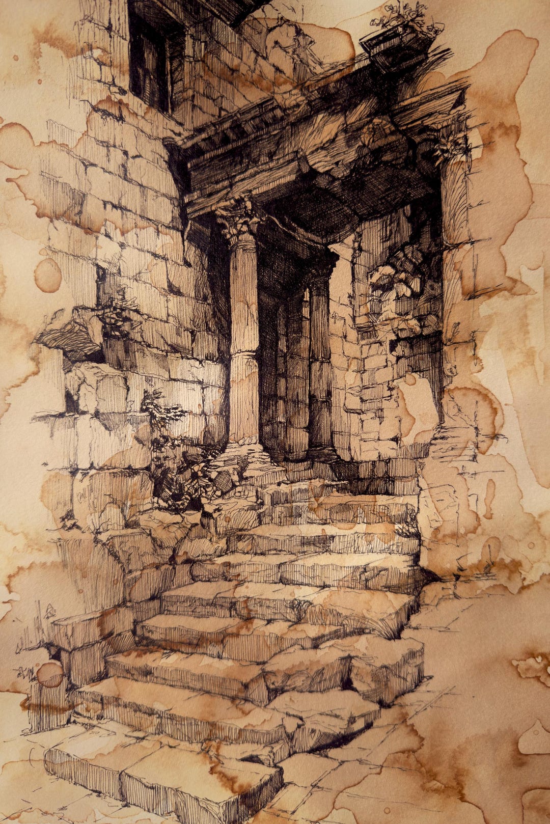 Pen and Ink Architecture Drawing on Vintage Coffee-dyed Paper - Etsy