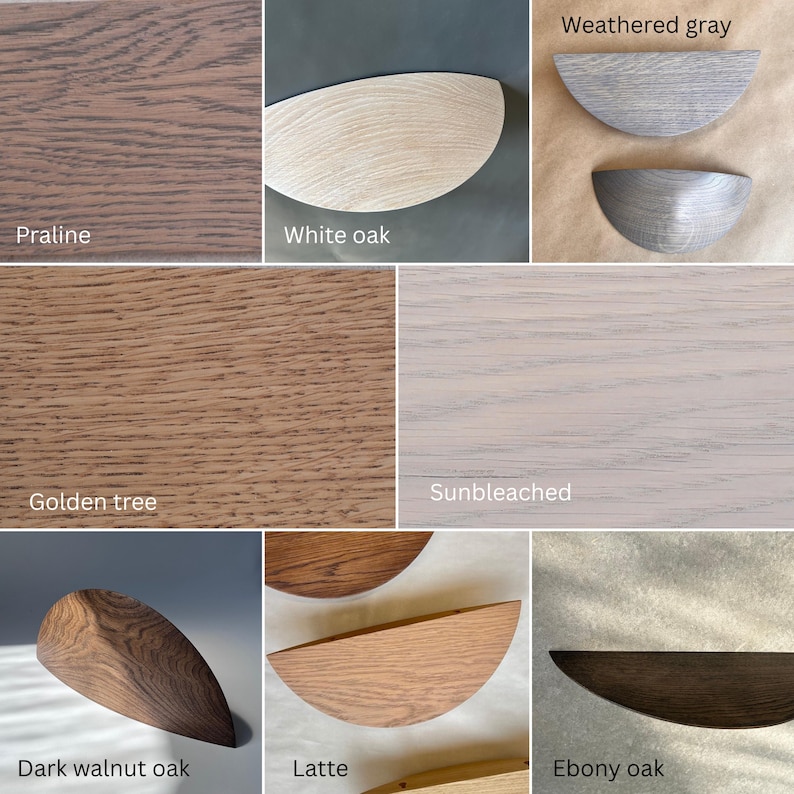 May include: A collection of wood samples showcasing various finishes. The samples include "Praline," "White oak," "Weathered gray," "Golden tree," "Sunbleached," "Dark walnut oak," "Latte," and "Ebony oak." Each sample displays the wood grain and color variations.