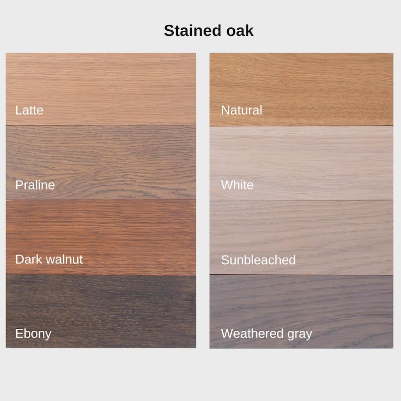 K&ouml;nnte beinhalten: Eine Farbpalette mit dem Titel Stained oak, die acht Holzmaserungsmuster zeigt, beschriftet mit Latte, Praline, Dark walnut, Ebony, Natural, White, Sunbleached und Weathered gray. Jedes rechteckige Muster zeigt eine eigene Holzbeize.