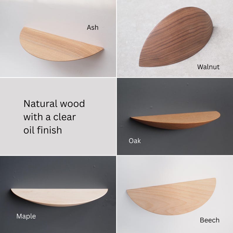 May include: A collection of wooden shelves in various wood types, including ash, walnut, oak, maple, and beech. Each shelf has a clear oil finish. The shelves are in a half-moon shape.