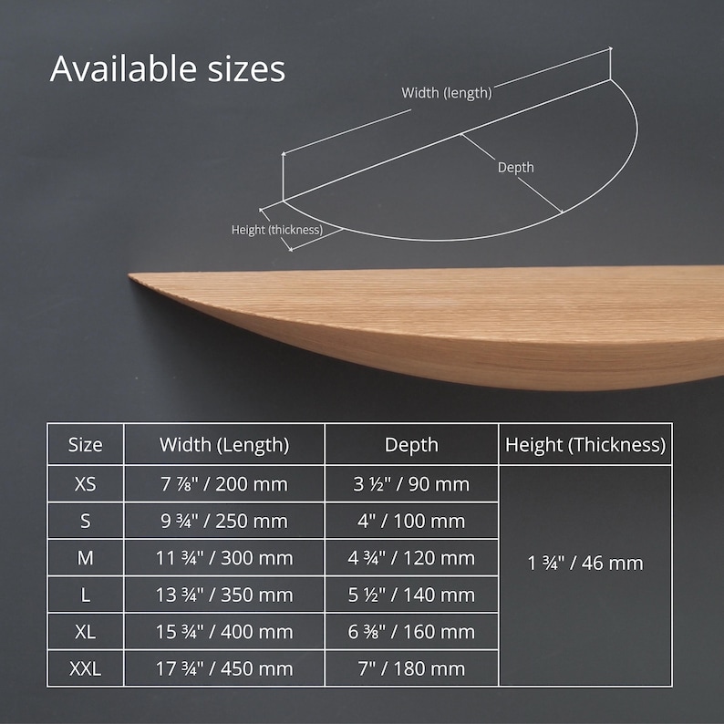 May include: A wooden floating shelf with a curved front edge. The image includes a size chart with measurements in inches and millimeters, detailing width, depth, and height for various sizes, from XS to XXL. The text "Available sizes" is at the top.