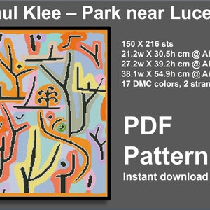 May include: A colorful cross-stitch pattern of a park scene by Paul Klee. The pattern is 150 stitches wide by 216 stitches high and uses 17 DMC colors. The pattern is available as a PDF download.