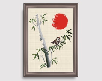 Japanese art cross stitch pattern Bamboo bird embroidery