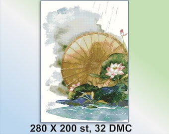 Japanese art cross stitch pattern rain ink wash embroidery