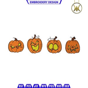 Op de afbeelding: Vier oranje Halloween-jack-o'-lantern pompoenen met verschillende gezichtsuitdrukkingen. De pompoenen zijn geborduurd met zwart en geel garen.