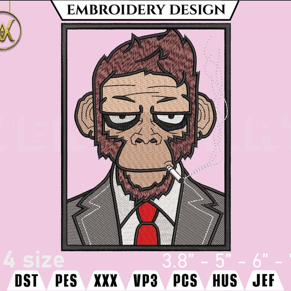 Monkey with suit Portrait Embroidery File | Animal with suit Embroidery | Digital Download | Embroidery Files | PES | Animal  Files