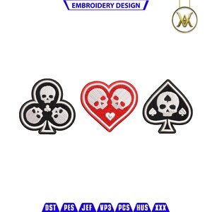 May include: Three embroidered patches featuring a skull and crossbones design. The first patch is a black club with three white skulls. The second patch is a red heart with two white skulls. The third patch is a black spade with a white skull.