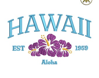May include: Embroidered design featuring the word "HAWAII" in blue with a purple hibiscus flower design underneath. The text "EST 1959" is on either side of the flowers and the word "Aloha" is below the flowers.