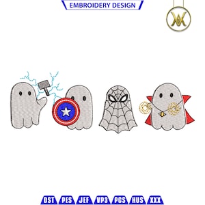 May include: Four embroidered ghost characters with different superhero costumes. The ghosts are gray with black eyes and mouths. The costumes include a red, white, and blue Captain America shield, a black and gray Spiderman mask, and a red and gold Doctor Strange cloak.