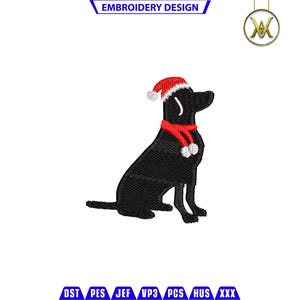 May include: Black dog wearing a red Santa hat and scarf. The dog is sitting and looking to the right.