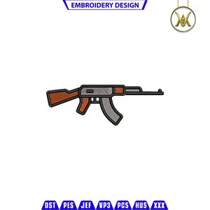 May include: A gray and brown machine gun with a black outline. The gun is a popular symbol of military power and is often used in video games and movies.