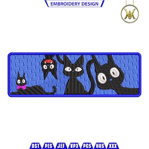 May include: Embroidered patch with four black cats on a blue background. The cats are in different positions, some are looking at the viewer, some are looking away. The patch is rectangular and has a blue border.