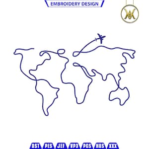 World Map Airplane Embroidery File | World embroidery | Trendy embroidery | Embroidery | PES