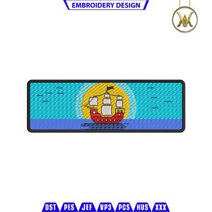 May include: Embroidered patch with a red and white ship sailing on blue water with a yellow sun behind it.