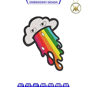 May include: A white cloud with a rainbow coming out of its mouth. The cloud has two eyes and a frowning expression. The rainbow is dripping with colourful drops.