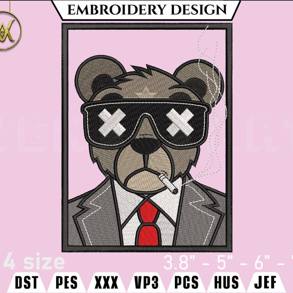 Bear with suit Portrait Embroidery File | Animal with suit Embroidery | Digital Download | Embroidery Files | PES | Animal  Files