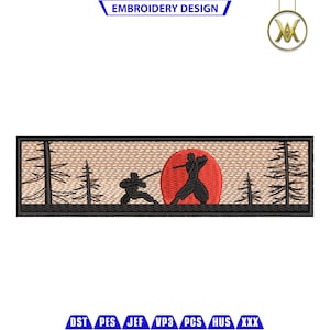 May include: Embroidered patch featuring two black silhouettes of figures in a fighting stance, set against a red sun and a brown forest background.