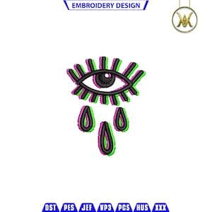 May include: Embroidered design of a black eye with pink and green eyelashes and three teardrop shapes.